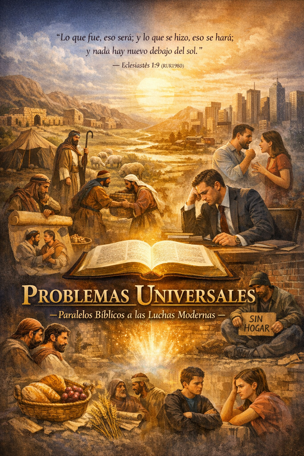 Imagen que ilustra problemas universales, combinando escenas bíblicas y modernas. Incluye un libro abierto, referencias bíblicas, y personas en situaciones variadas como el trabajo, la familia y la pobreza.