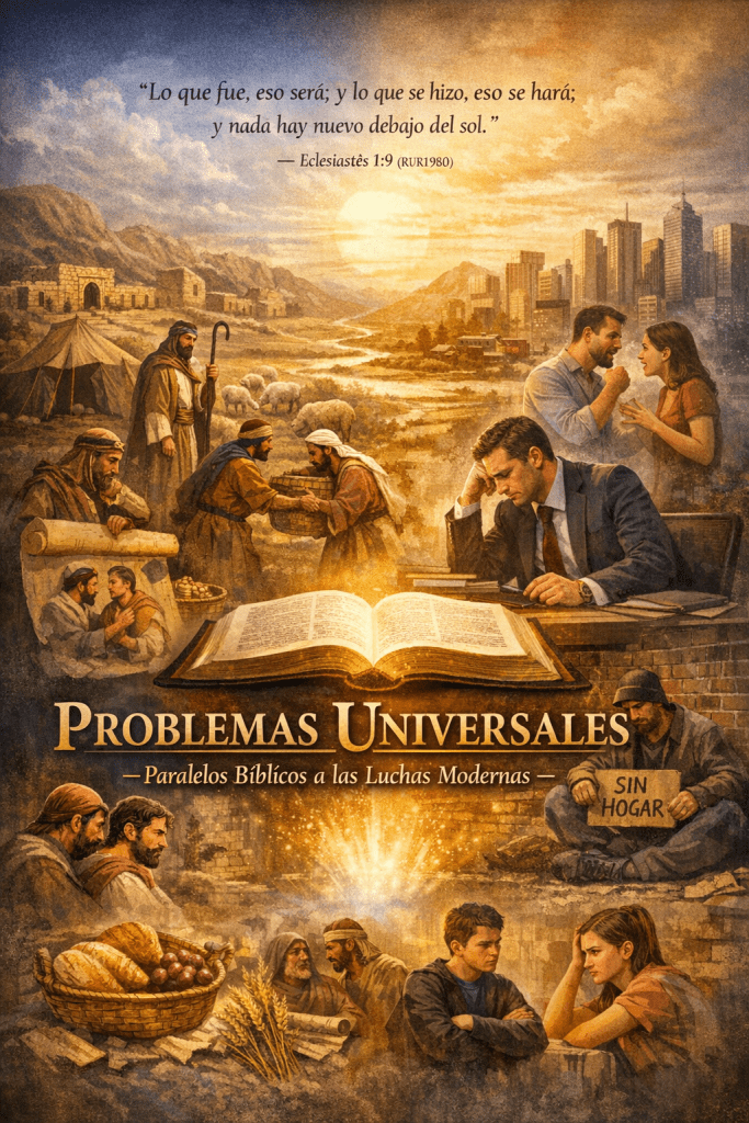 Imagen que ilustra problemas universales, combinando escenas bíblicas y modernas. Incluye un libro abierto, referencias bíblicas, y personas en situaciones variadas como el trabajo, la familia y la pobreza.