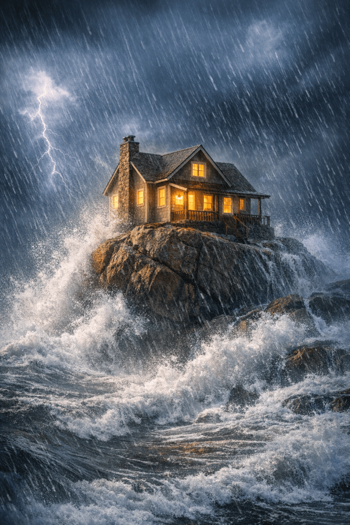 Casa acogedora sobre una roca durante una tormenta, con relámpagos y olas rugiendo alrededor.