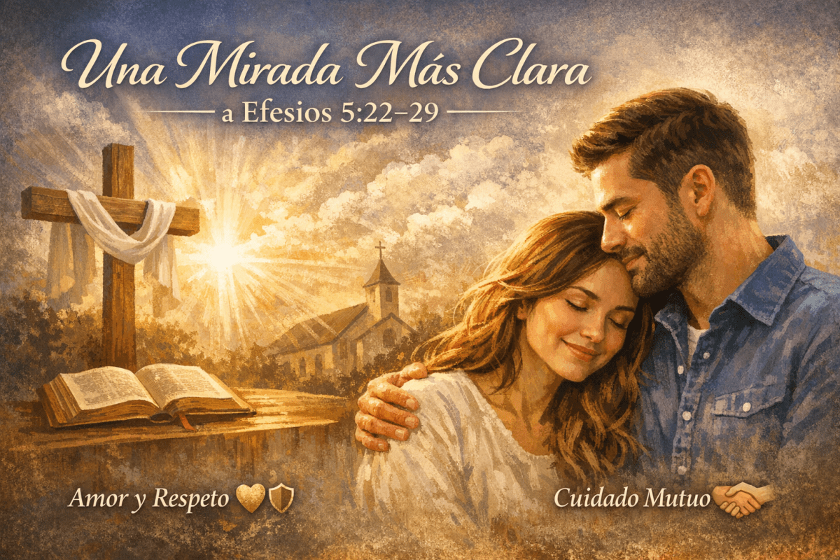 Imagen que representa una reflexión sobre Efesios 5:22-29, mostrando una pareja sonriente abrazándose, con una cruz y una Biblia en el fondo. Contiene el texto "Una Mirada Más Clara" y menciona "Amor y Respeto" y "Cuidado Mutuo".