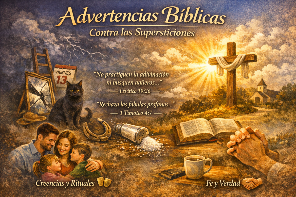Ilustración sobre advertencias bíblicas contra supersticiones, destacando versículos de la Biblia, con imágenes de una familia, un gato negro, una cruz, una Biblia y elementos de creencias populares.