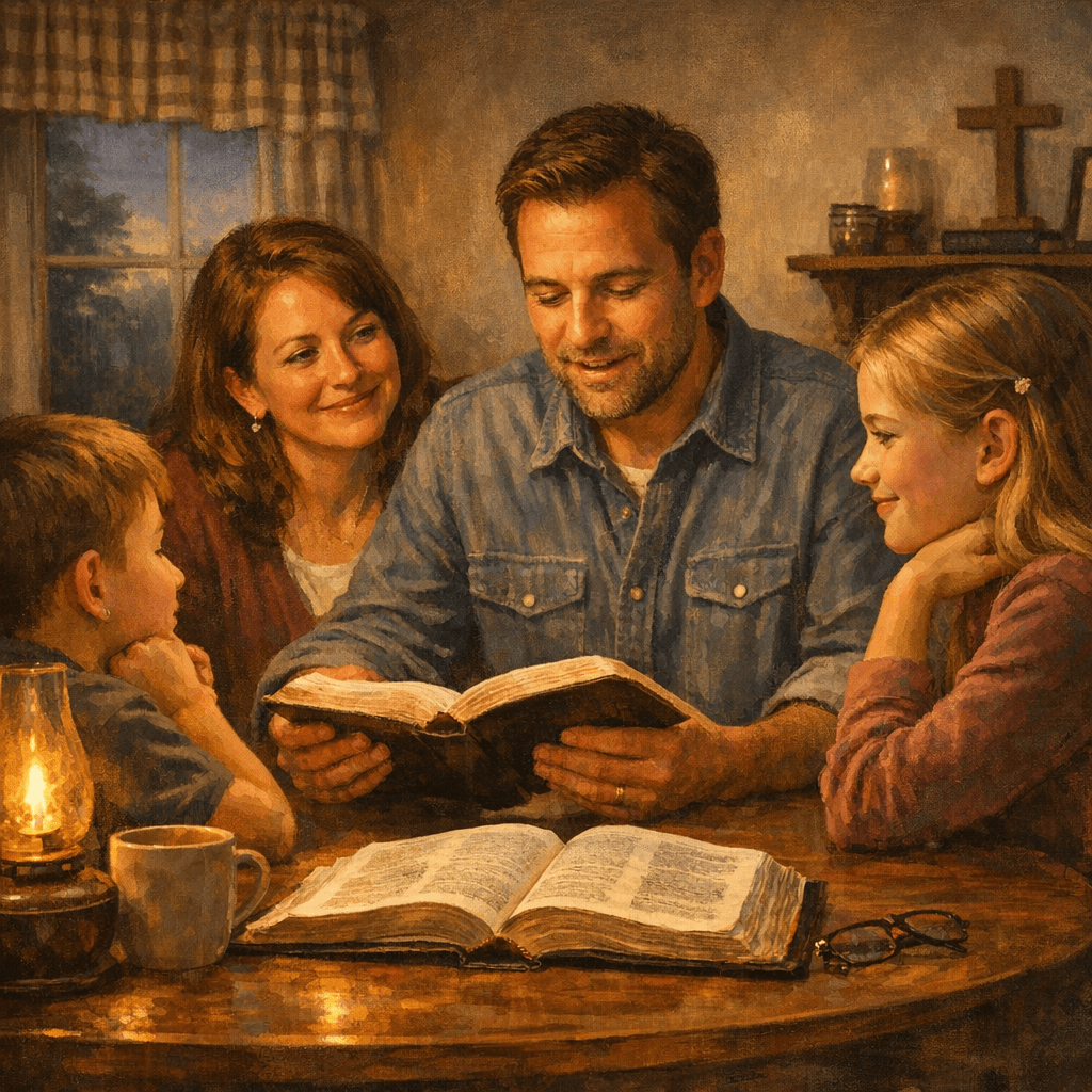 Una familia sentada alrededor de una mesa, leyendo un libro juntos en un ambiente cálido y acogedor.