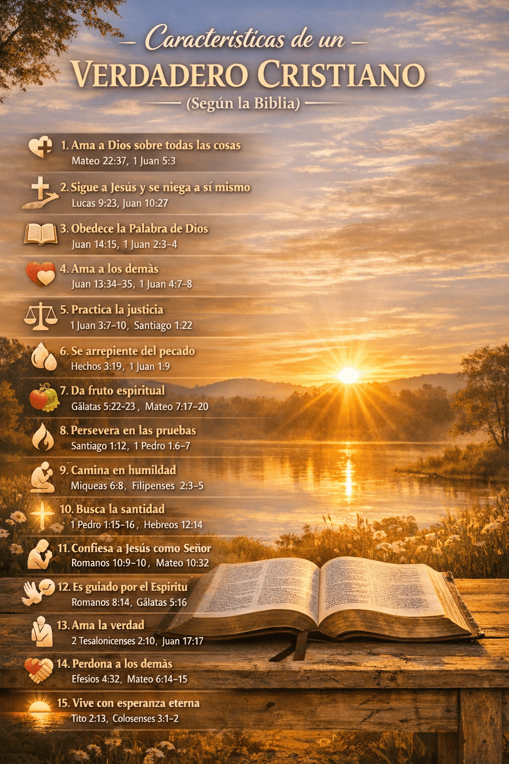 Imagen que presenta una lista de características de un verdadero cristiano según la Biblia, con citas bíblicas y un fondo natural con un lago y un amanecer.