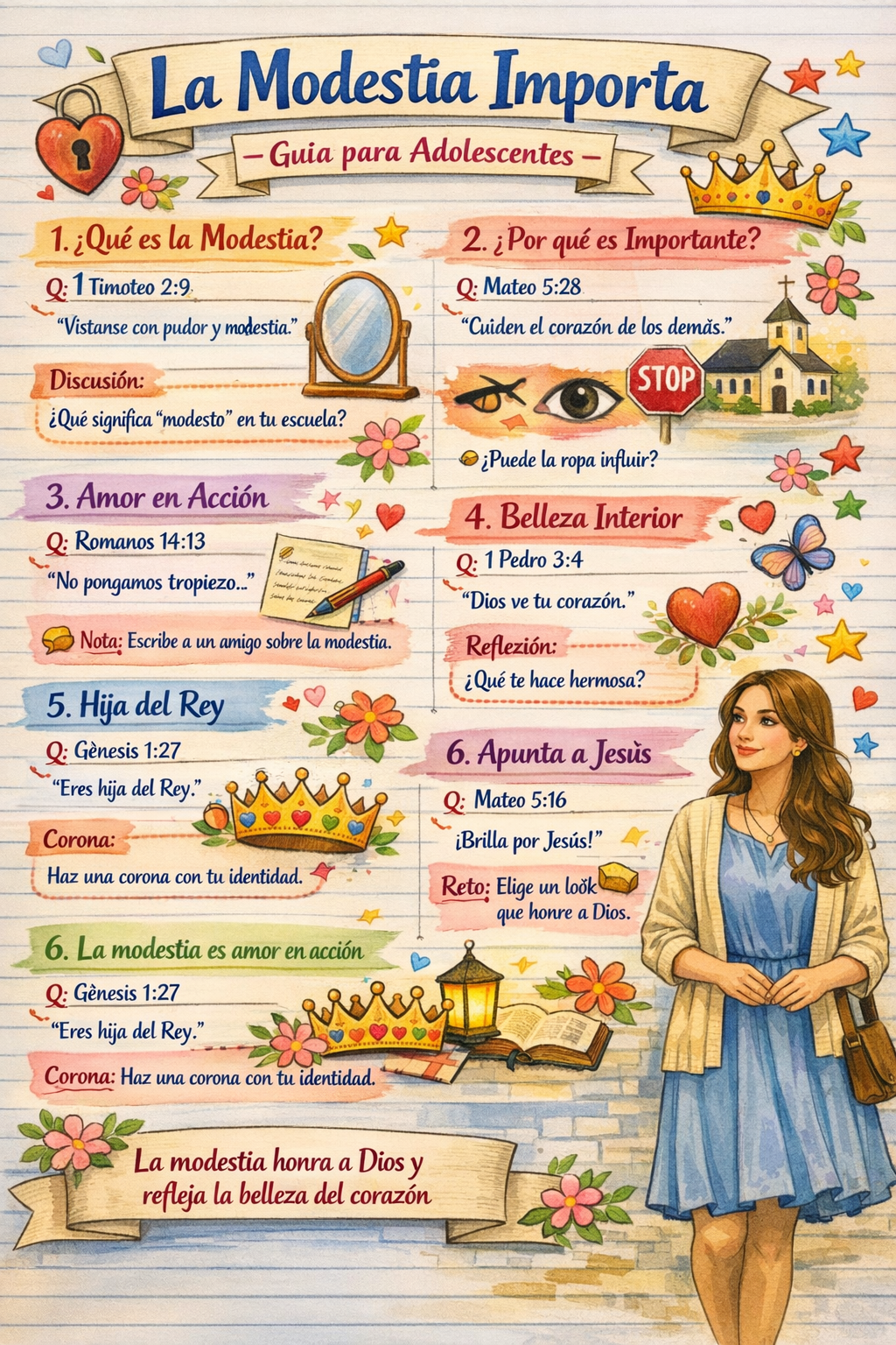 Imagen de una guía titulada 'La Modestia Importa', que aborda la importancia de la modestia para adolescentes, con secciones numeradas y preguntas bíblicas, acompañado de ilustraciones coloridas y decorativas.
