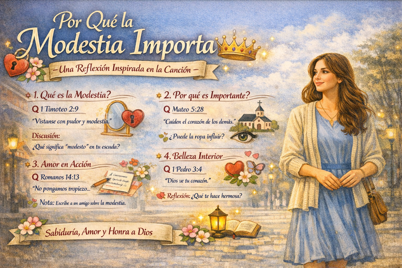 Imagen que destaca la importancia de la modestia, con un fondo que muestra un paisaje sereno y una mujer sonriendo, vestida modestamente. Incluye secciones sobre qué es la modestia, su importancia, amor en acción y la belleza interior.