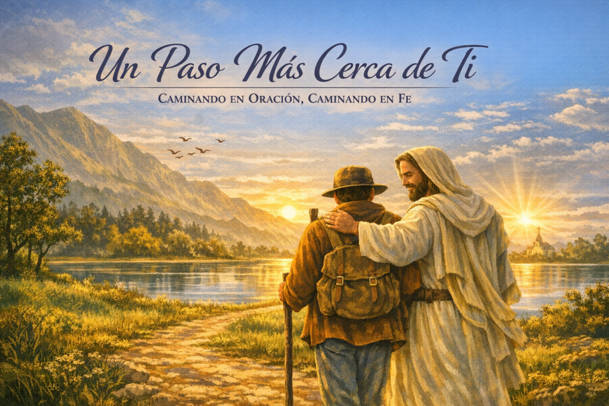 Dos figuras caminando junto a un lago al atardecer, con un paisaje montañoso de fondo y un mensaje inspirador en la parte superior.