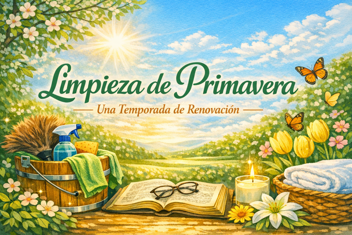 Ilustración de limpieza de primavera con productos de limpieza, flores, un libro y mariposas en un fondo natural brillante.