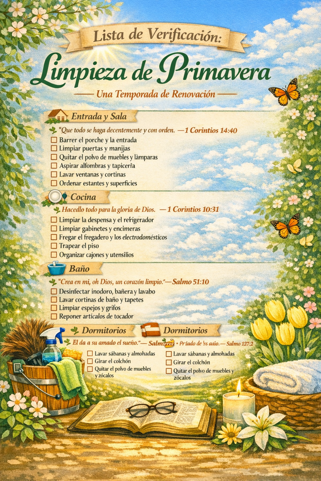 Lista de verificación de limpieza de primavera con secciones para entrada, cocina, baño y dormitorios, decorada con flores y un paisaje natural.