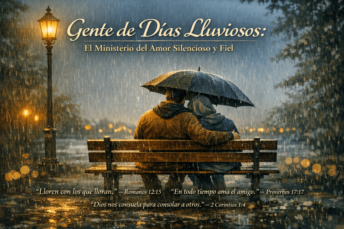 Pareja sentada bajo un paraguas en una banca, en un día lluvioso, iluminada por una farola.