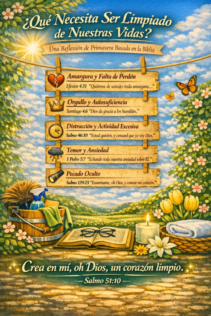Ilustración que presenta una reflexión bíblica sobre lo que necesita ser limpiado en nuestras vidas, con elementos como un libro abierto, artículos de limpieza y un mensaje inspirador.