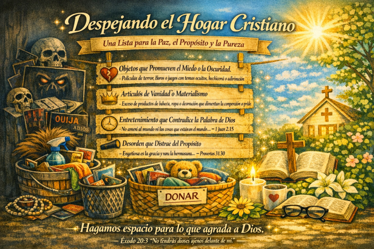 Una ilustración titulada 'Despejando el Hogar Cristiano' que presenta una lista de elementos a evitar para fomentar la paz y la pureza en el hogar, como objetos que promueven el miedo, vanidad, entretenimiento no cristiano y desorden. Incluye una cesta con artículos y el texto 'DONAR'.