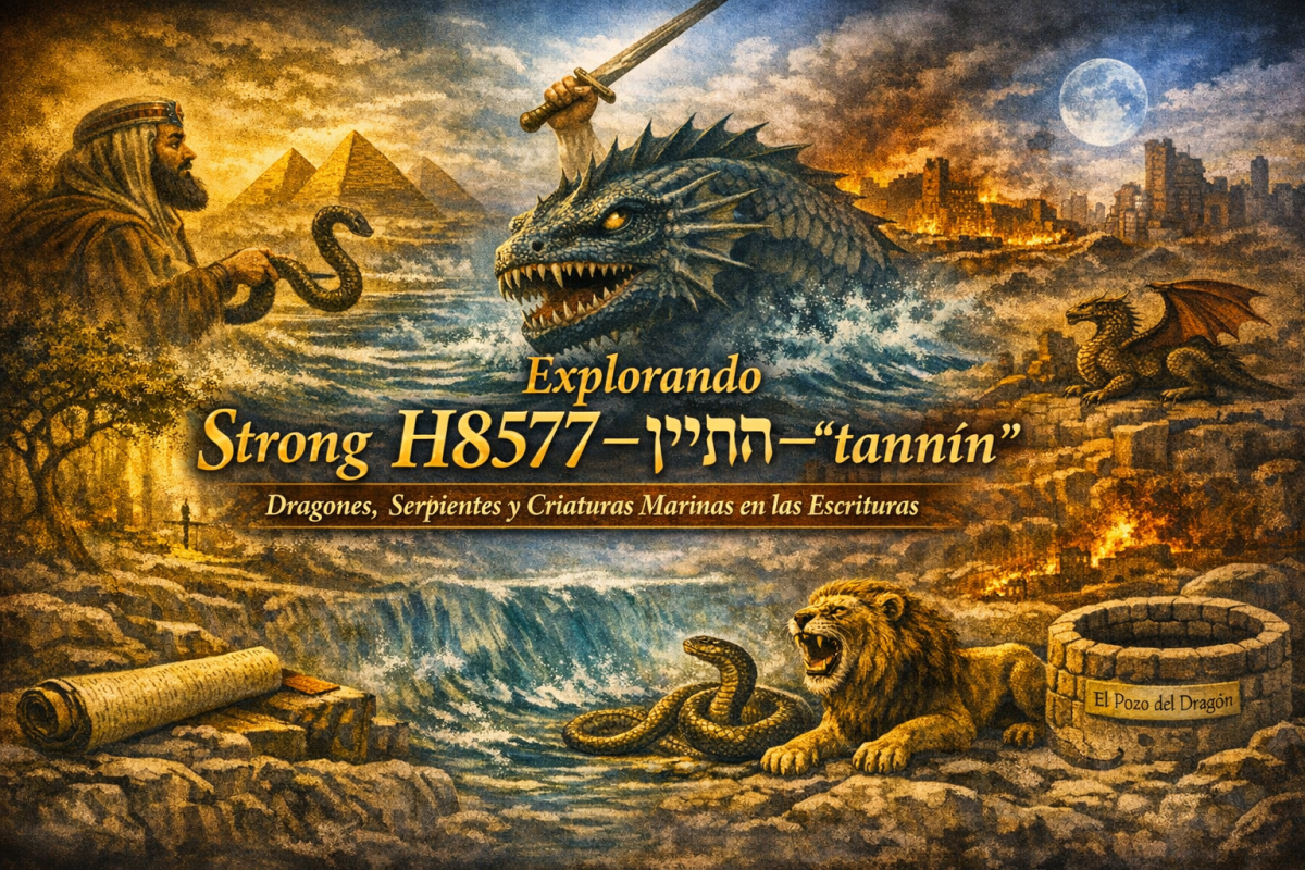 Arte que muestra dragones, serpientes y criaturas marinas, con un faraón, un guerrero y un león, simbolizando elementos de las escrituras.