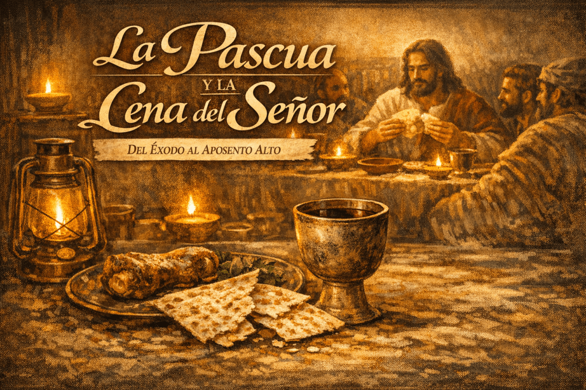 Una representación artística de la Pascua y la Última Cena, con un cáliz, pan sin levadura y un ambiente iluminado por velas con personas compartiendo una comida.