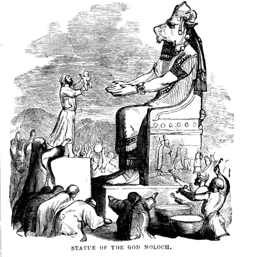 Estatua del dios Moloch con un sacerdote entregando un bebé, rodeada de adoradores realizando rituales.