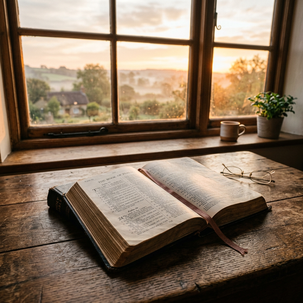 Open Bible on wooden table with reading glasses and morning sunlight through window