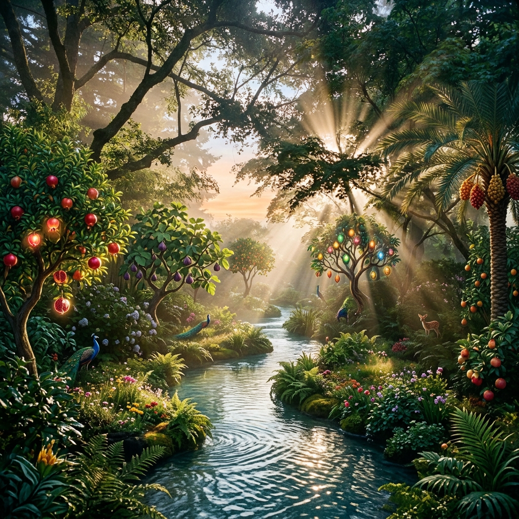 Lush garden with glowing fruit trees, peacocks near a stream under sunlight rays