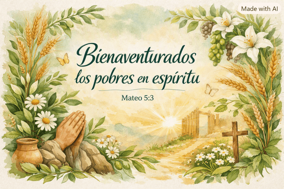 Watercolor religious illustration with text: “Bienaventurados los pobres en espíritu” and “Mateo 5:3.”