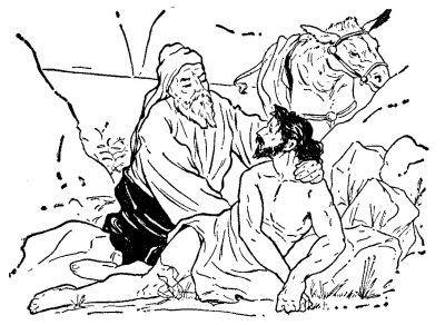 Bearded robed man beside a seated shirtless person and saddled horse